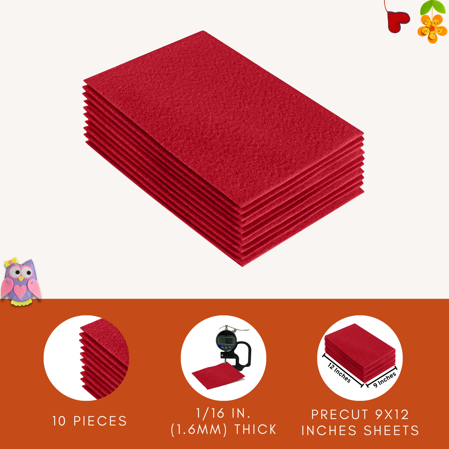 FabricLA Acrylic Felt 9"X12" Sheet Packs | Red
