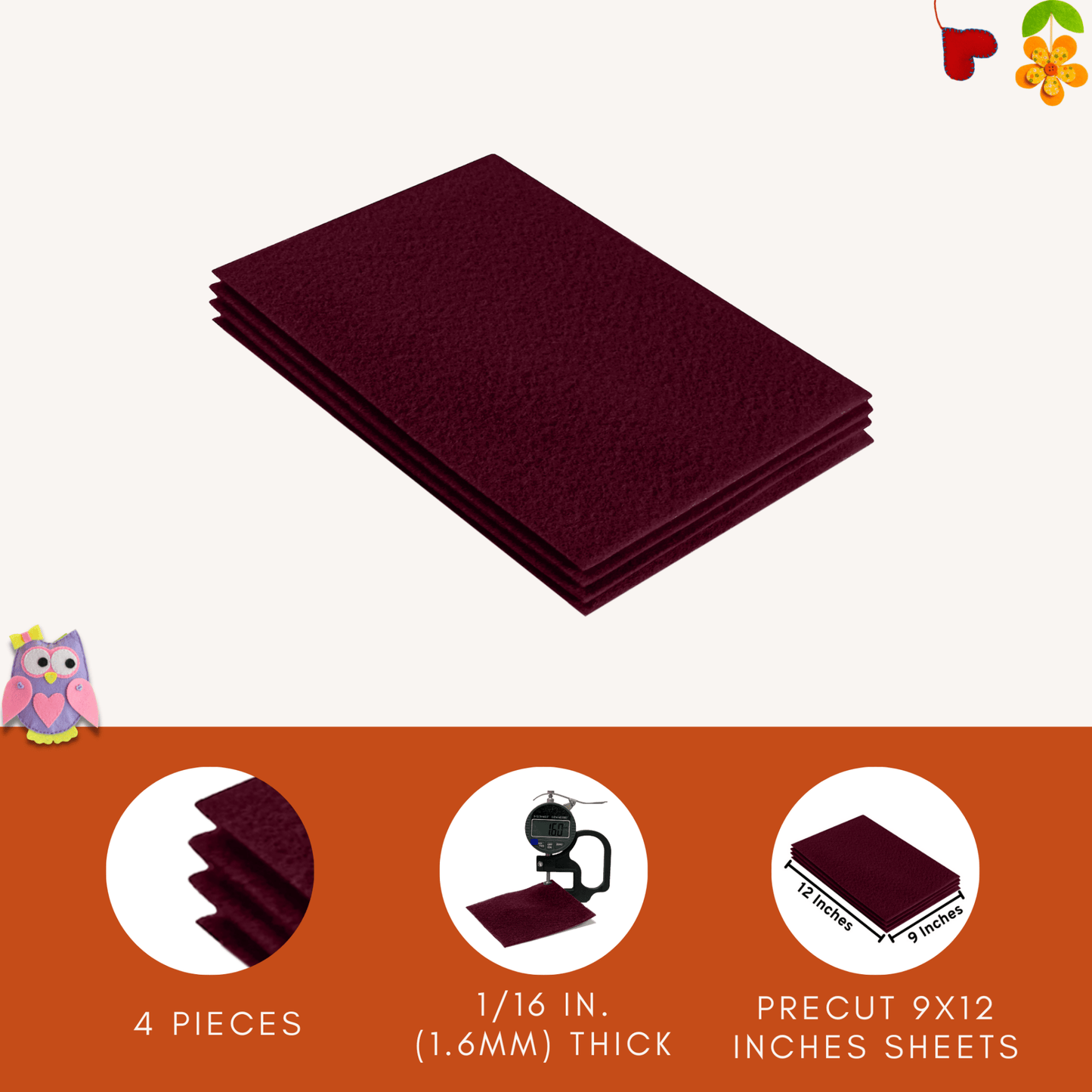 FabricLA Acrylic Felt 9"X12" Sheet Packs | Burgundy