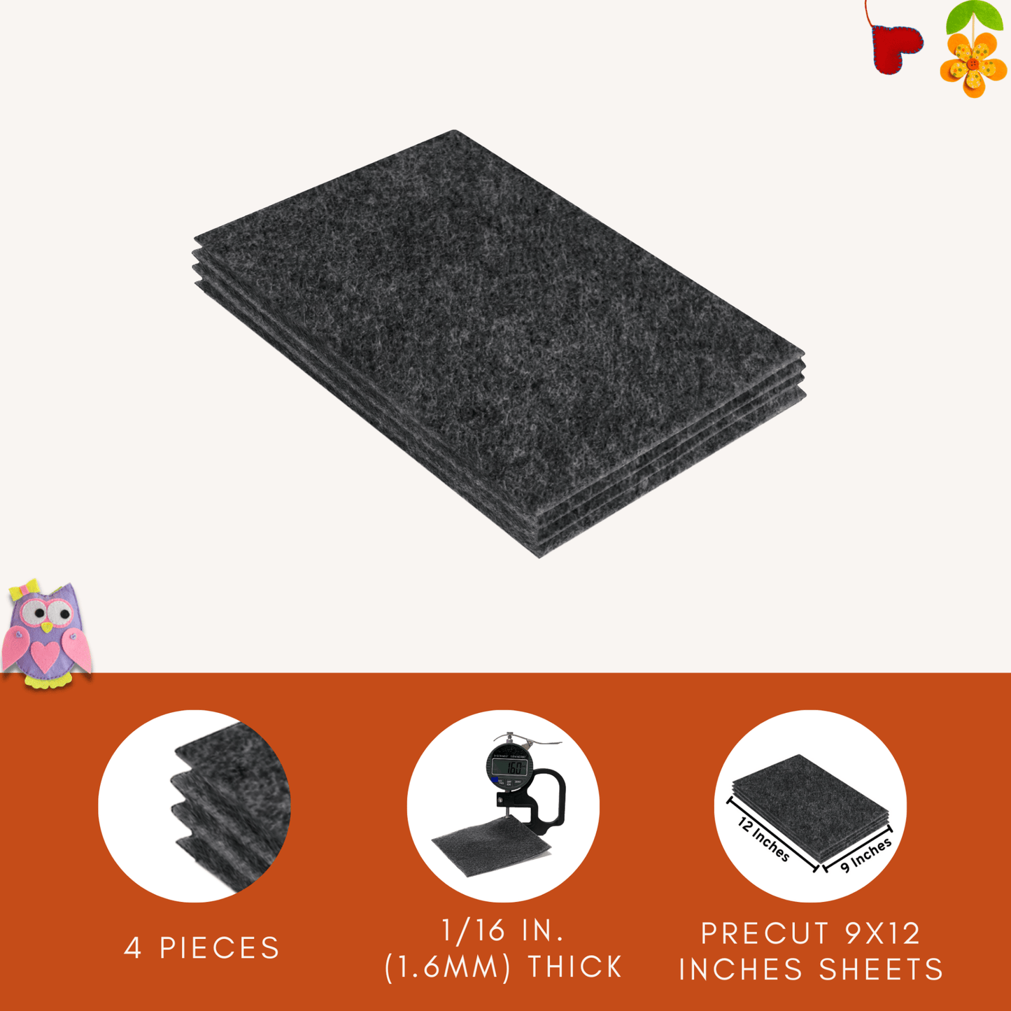 FabricLA Acrylic Felt 9"X12" Sheet Packs | Charcoal