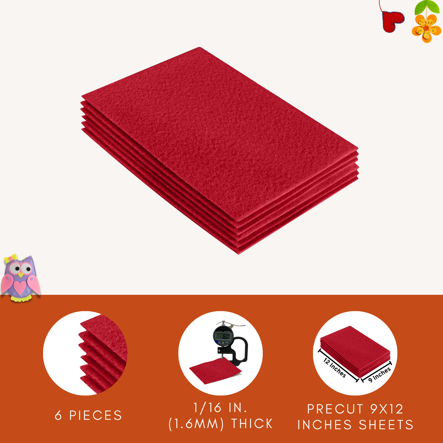 FabricLA Acrylic Felt 9"X12" Sheet Packs | Red