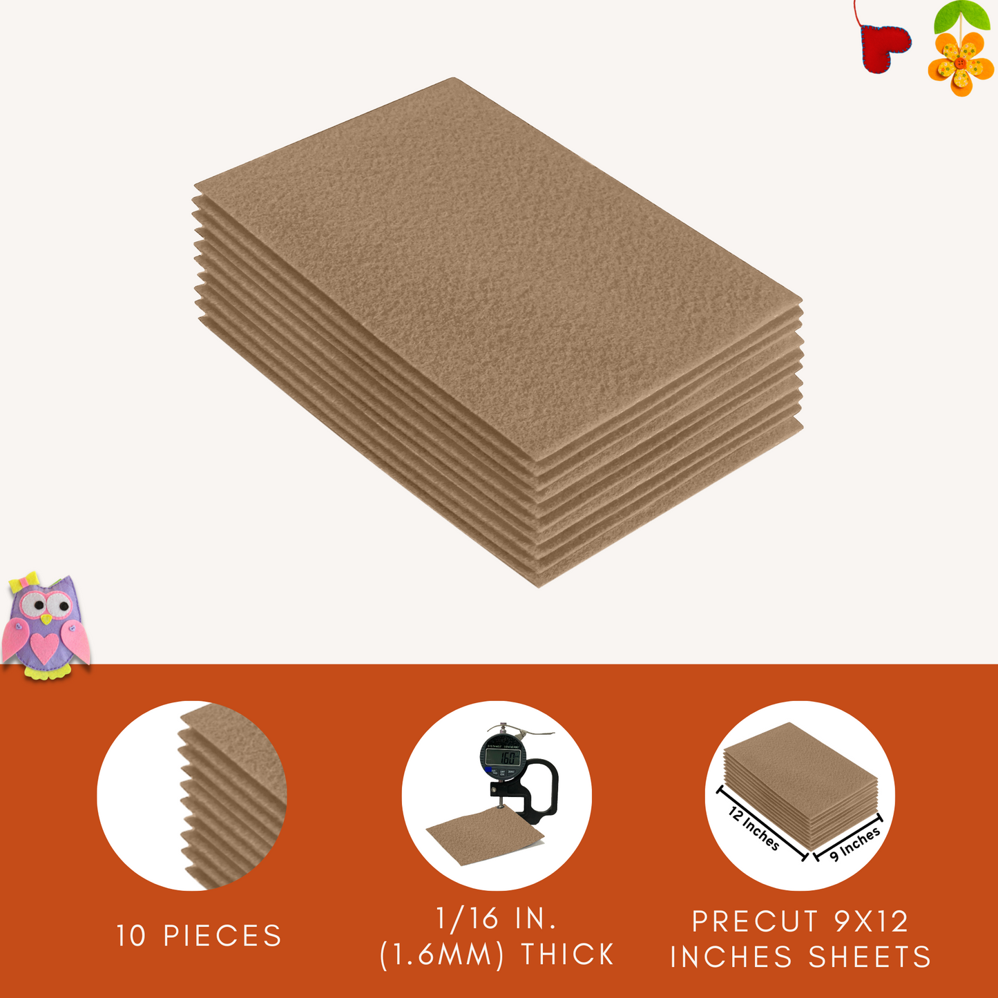 Taupe Felt Fabric Sheets – 9"x12" | Soft & Durable Craft Felt