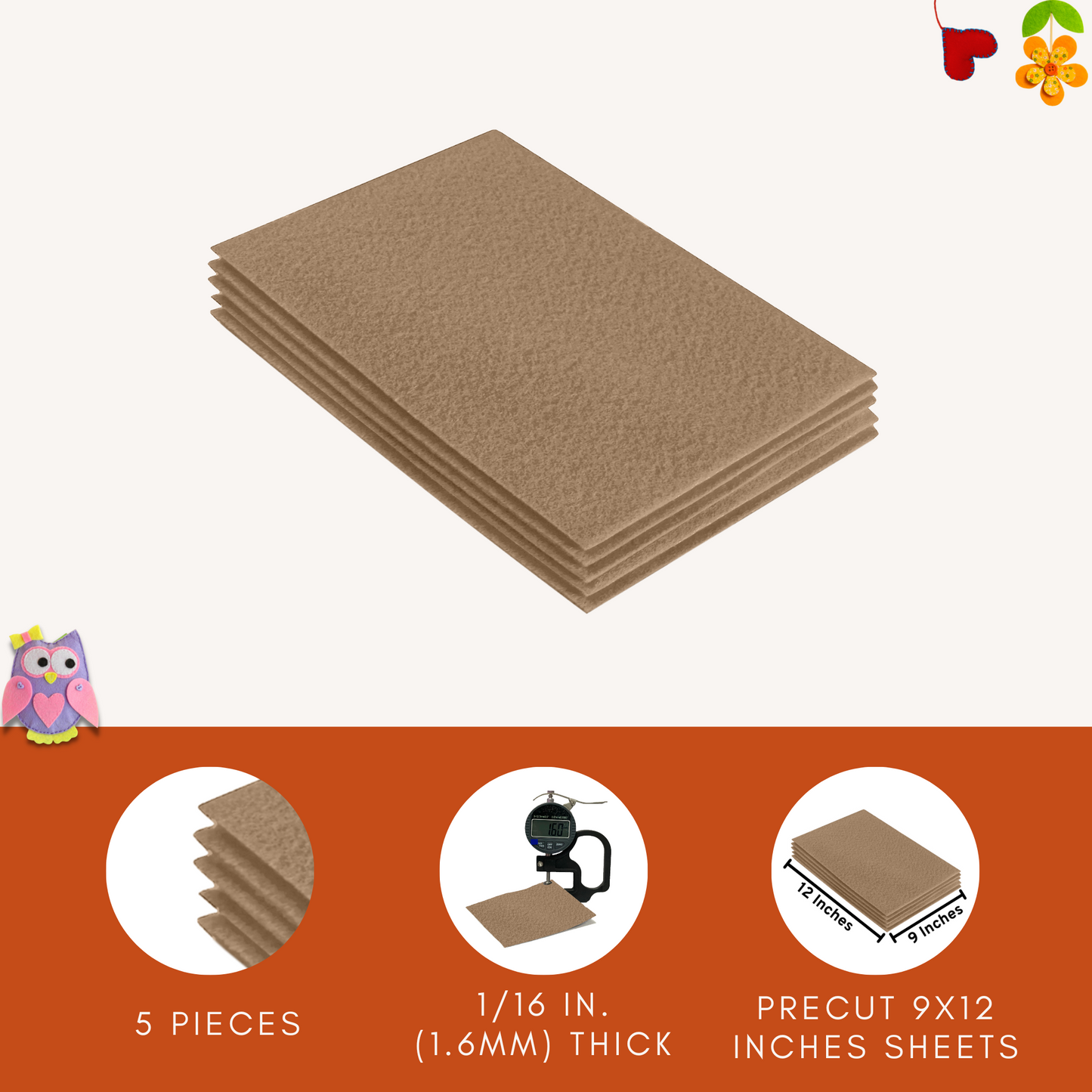 Taupe Felt Fabric Sheets – 9"x12" | Soft & Durable Craft Felt