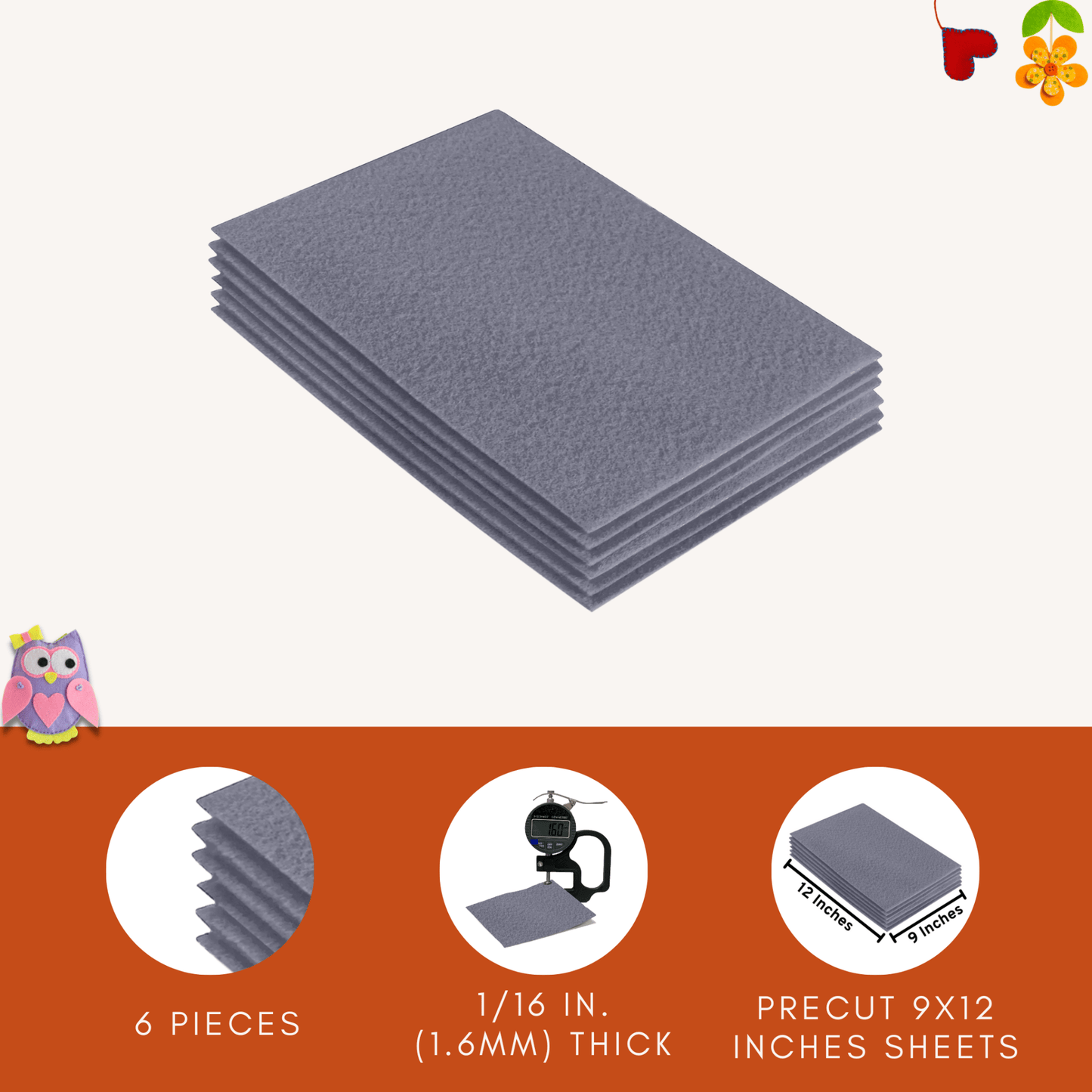 FabricLA Acrylic Felt 9"X12" Sheet Packs | Grey