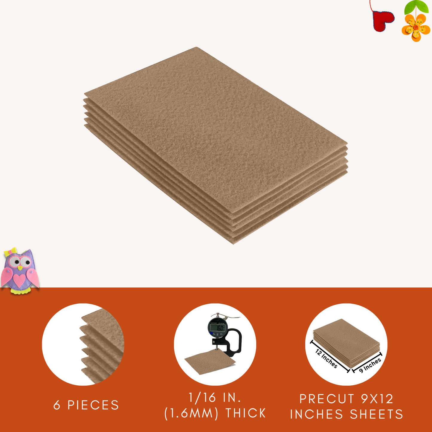 Taupe Felt Fabric Sheets – 9"x12" | Soft & Durable Craft Felt