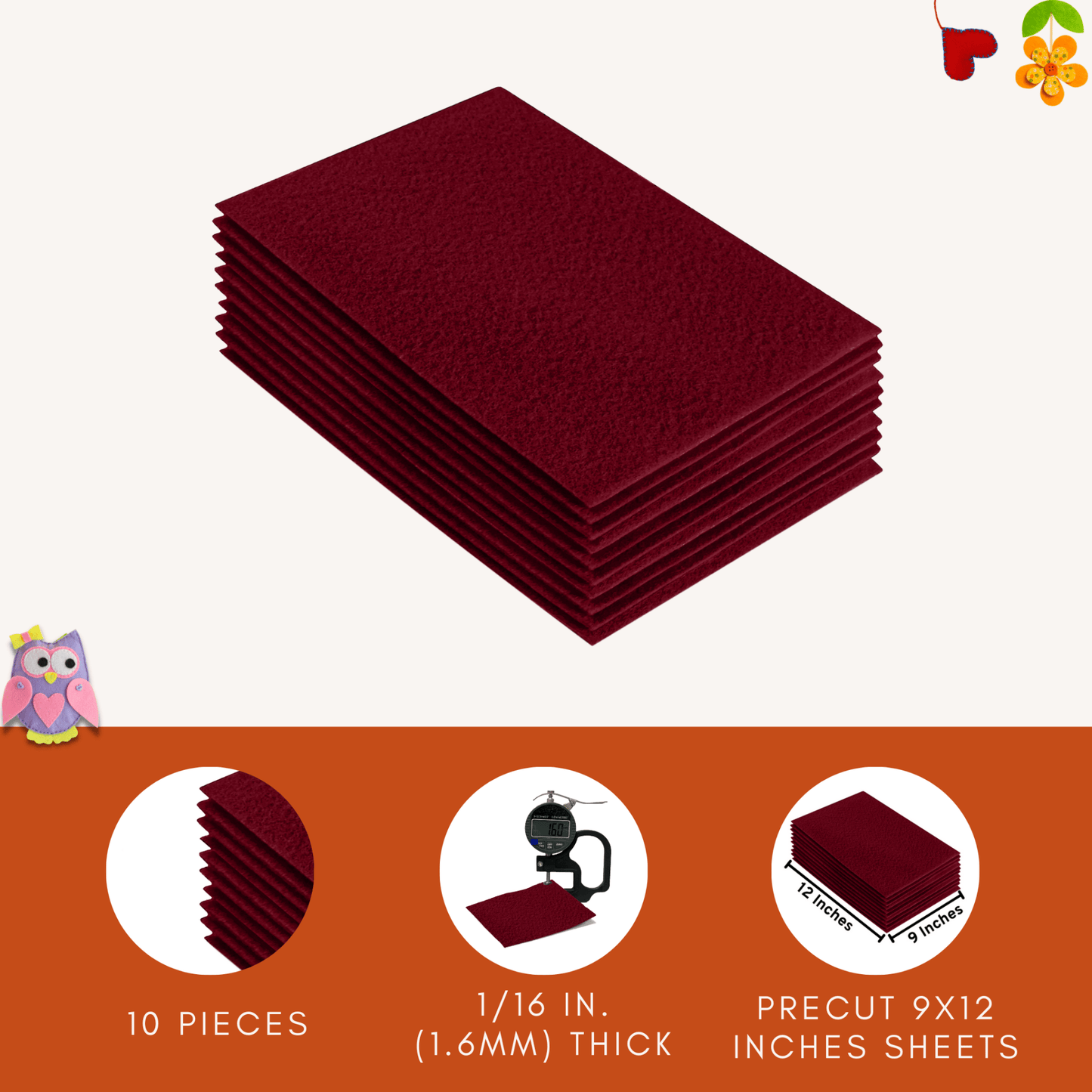 FabricLA Acrylic Felt 9"X12" Sheet Packs | Dark Red