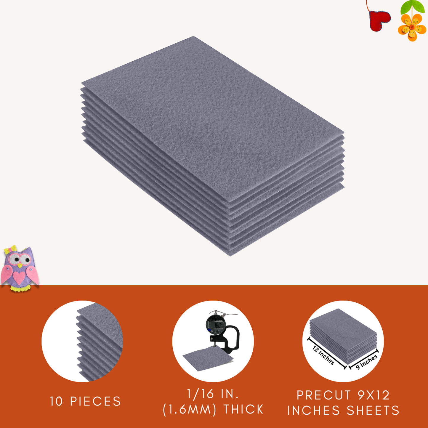 FabricLA Acrylic Felt 9"X12" Sheet Packs | Grey