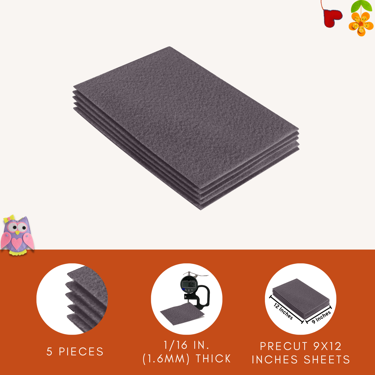 FabricLA Acrylic Felt 9"X12" Sheet Packs | Platinum Gray