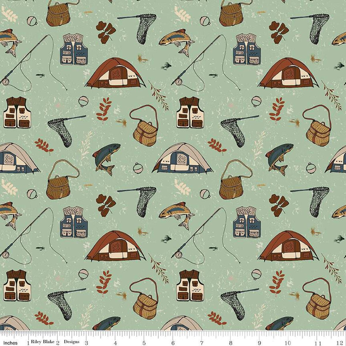 Let's Wander Gone Fishing Sage Cotton 43"/44" Fabric Per Yard