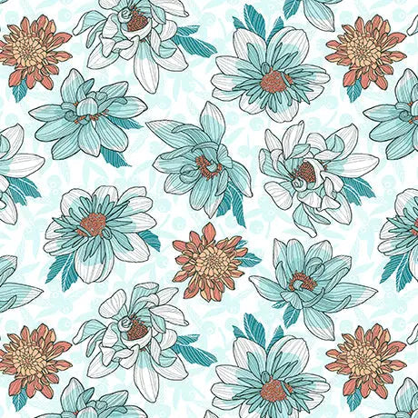 White Dahlias at Dusk Floral Toss Cotton 44"/45" Fabric Per Yard