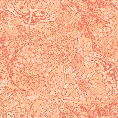Light Salmon Dahlias at Dusk Tonal Floral & Butterflies Cotton 44"/45" Fabric Per Yard