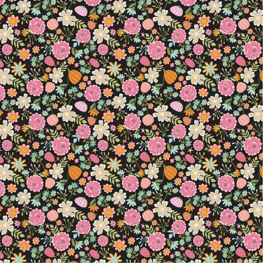 Pretty Pumpkin Poppie Cotton Black 44"/45" Fabric Per Yard