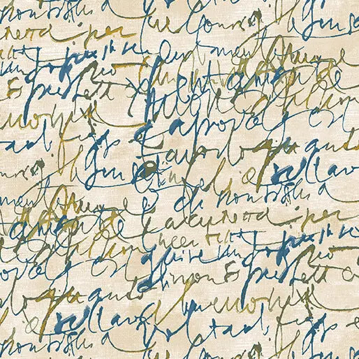 Prussian/Cream Fluidity Script Large Cotton 44”/45" Fabric Per Yard