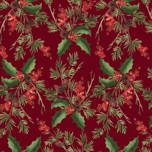 Red Burgandy Holly Bouquet Cotton Wideback Fabric per yard