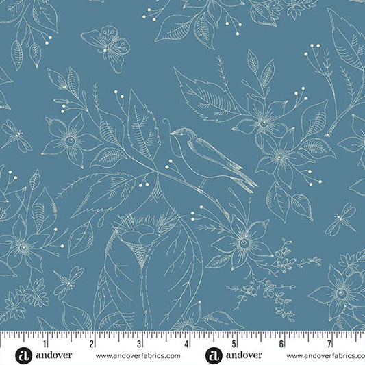 Sewing Bird Indigo Cotton Wideback Fabric per yard