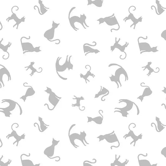 Spooky Spectacle - Cat Toss White on White Cotton 44"/45" Fabric Per Yard