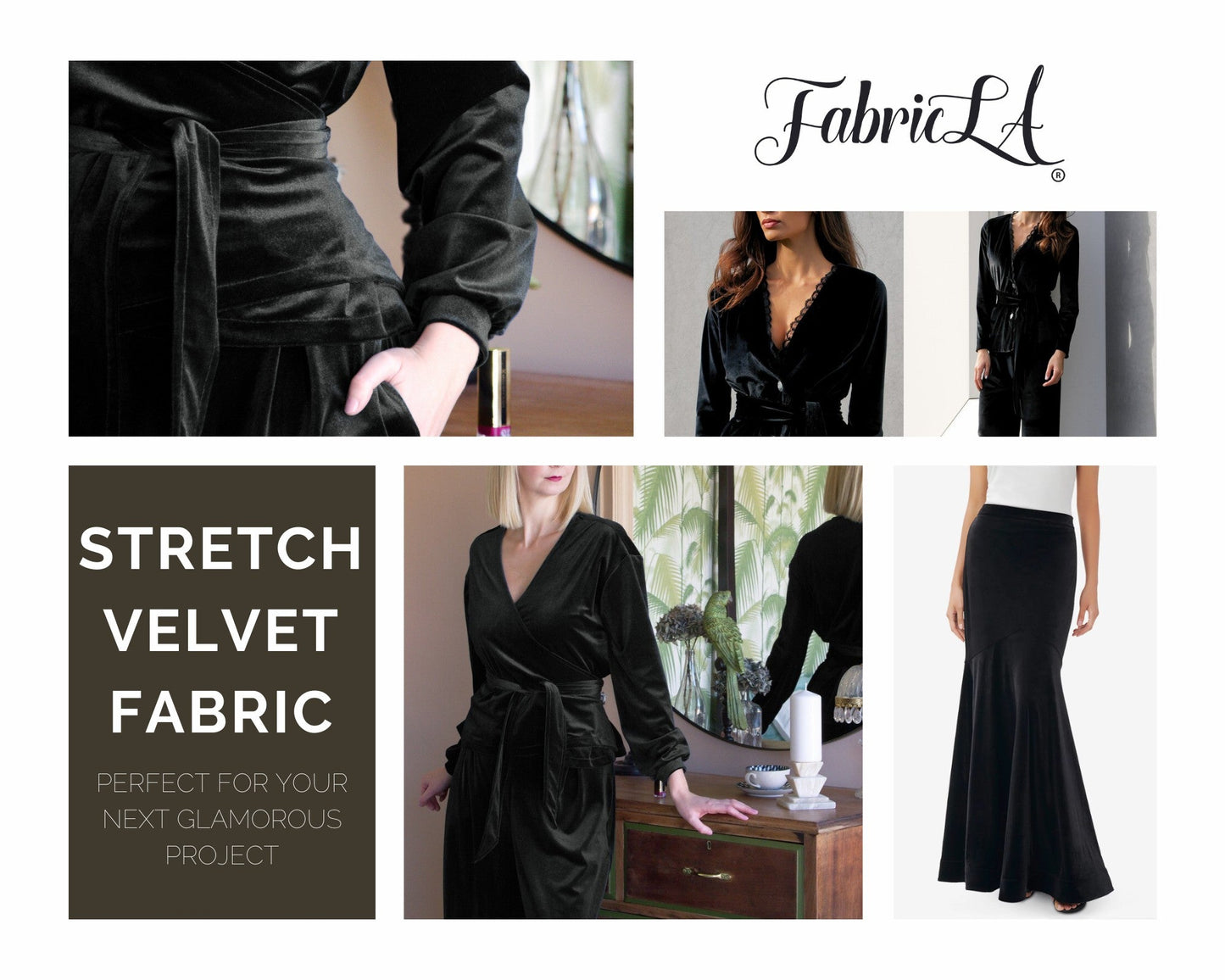 FabricLA Stretch Velvet Fabric by the Yard – Black | 90% Polyester 10% Spandex | 280gsm | 58/60” Wide