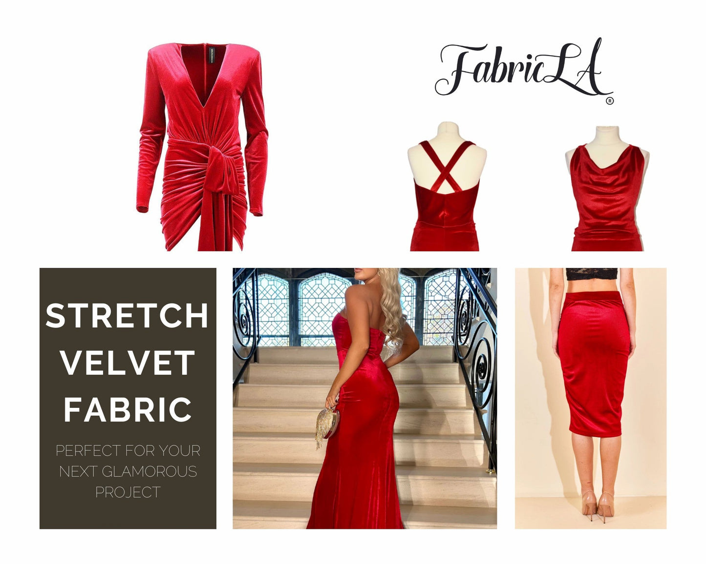 FabricLA Stretch Velvet Fabric by the Yard – Red | 90% Polyester 10% Spandex | 280gsm | 58/60” Wide
