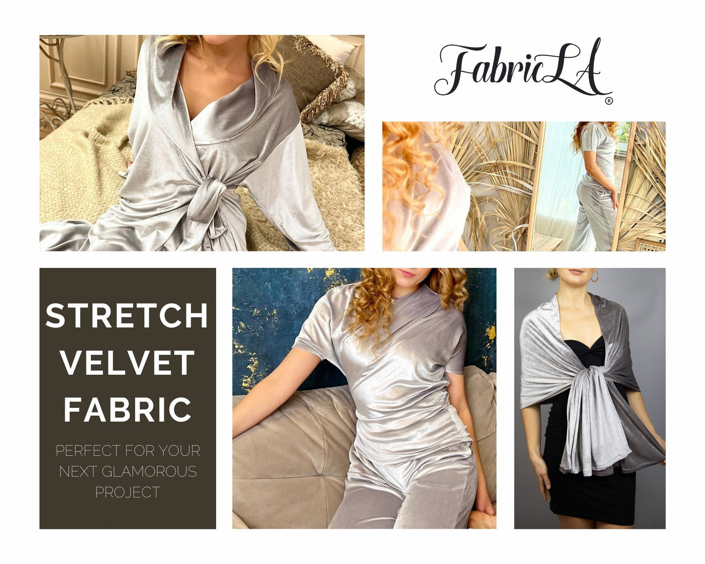 FabricLA Stretch Velvet Fabric by the Yard – Silver Grey | 90% Polyester 10% Spandex | 280gsm | 58/60” Wide