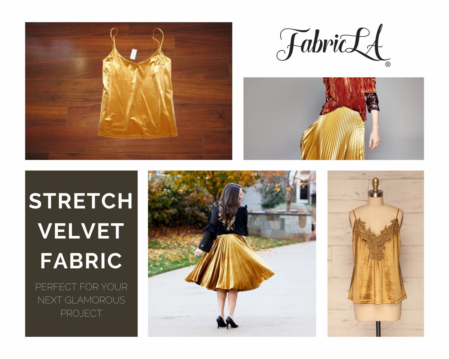 FabricLA Stretch Velvet Fabric by the Yard – Gold | 90% Polyester 10% Spandex | 280gsm | 58/60” Wide