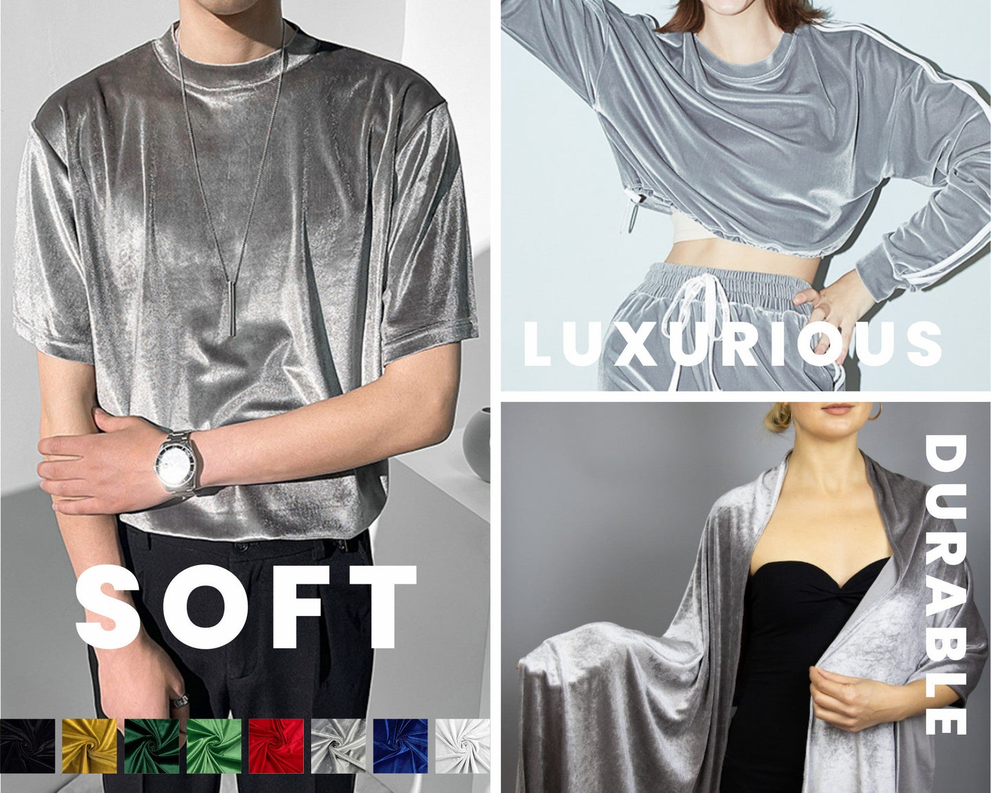 FabricLA Stretch Velvet Fabric by the Yard – Silver Grey | 90% Polyester 10% Spandex | 280gsm | 58/60” Wide