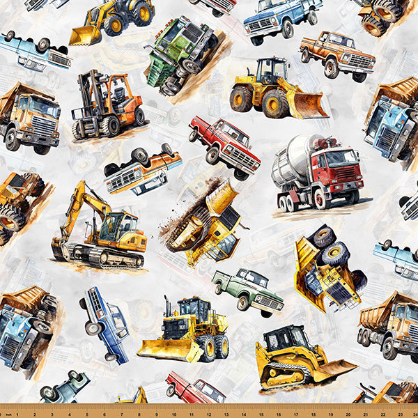 Light Gray Trucks Hammer Down 43"/44" Fabric Per Yard