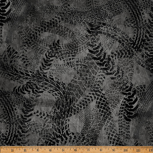Black Hammer Down Tire Tracks 43"/44" Fabric Per Yard