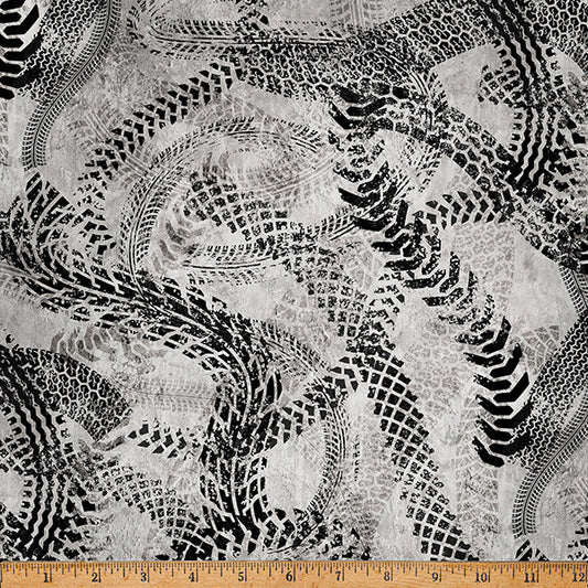 Gray Hammer Down Tire Tracks 43"/44" Fabric Per Yard