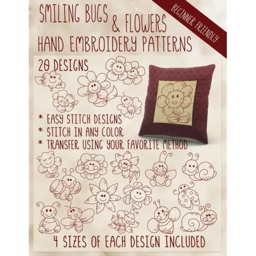Smiling Bugs and Flowers Hand Embroidery Patterns